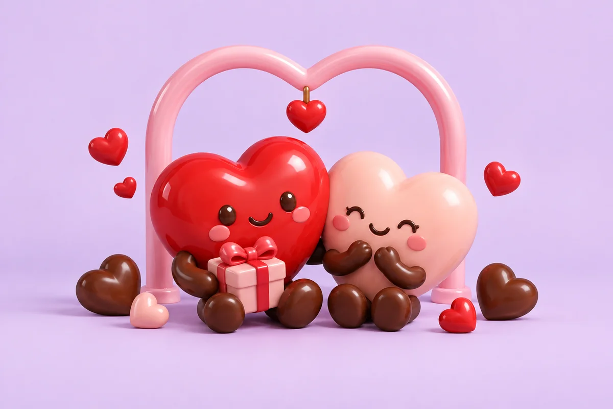 하트 아치 아래 나란히 앉은 두 하트 캐릭터